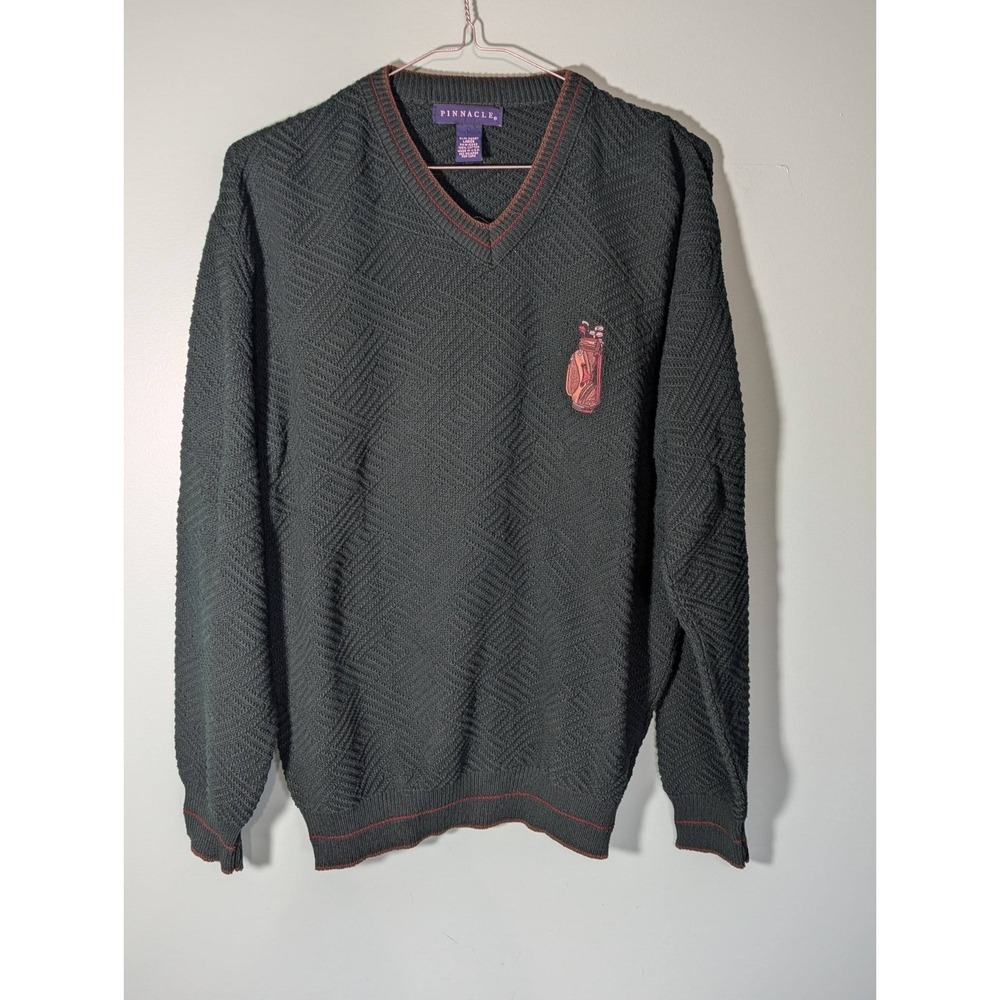 Men's Pinnacle Green Knit V-Neck Pullover Golf Sweater Made In USA 100% Cotton L